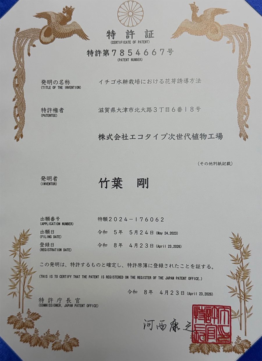 特許第7854667号の特許証（イチゴ水耕栽培における花芽誘導方法／登録日2026年4月23日）